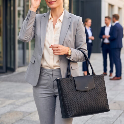 luxus ledertasche mit laptopfach 15 zoll geflochten - schwarz von socha
